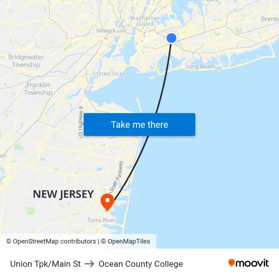 Union Tpk/Main St to Ocean County College map
