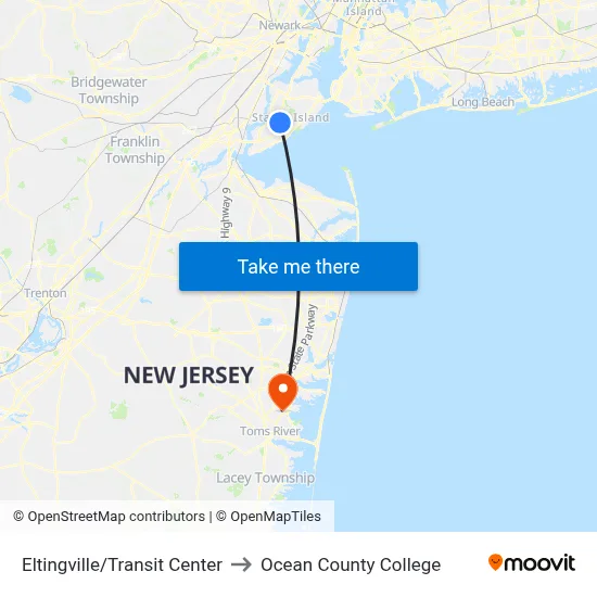 Eltingville/Transit Center to Ocean County College map