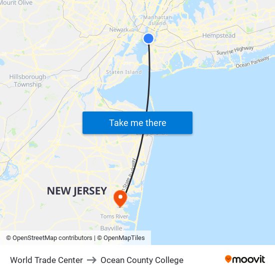 World Trade Center to Ocean County College map