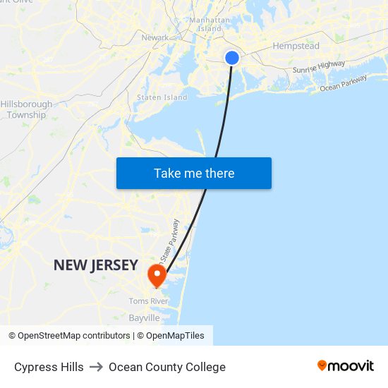 Cypress Hills to Ocean County College map
