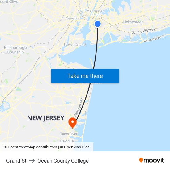 Grand St to Ocean County College map