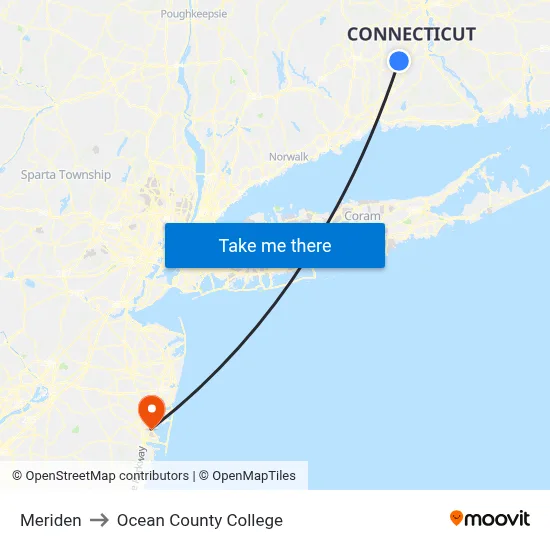 Meriden to Ocean County College map
