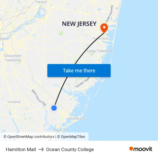 Hamilton Mall to Ocean County College map