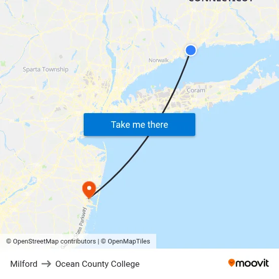 Milford to Ocean County College map