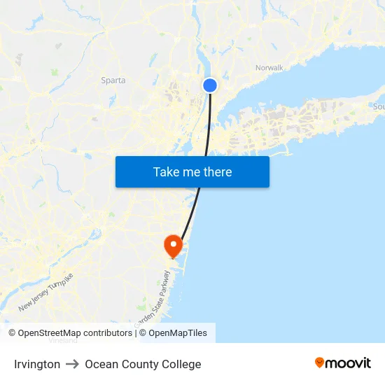 Irvington to Ocean County College map
