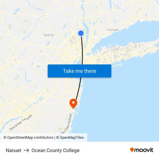 Nanuet to Ocean County College map