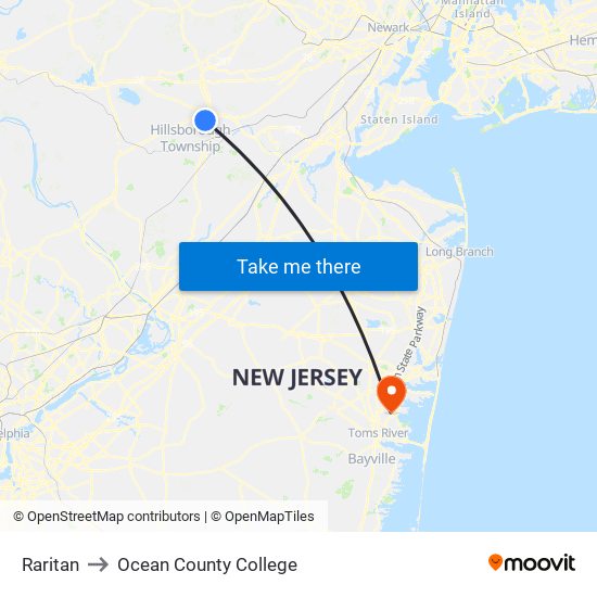 Raritan to Ocean County College map
