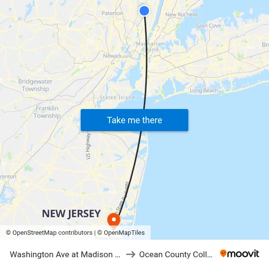 Washington Ave at Madison Ave to Ocean County College map