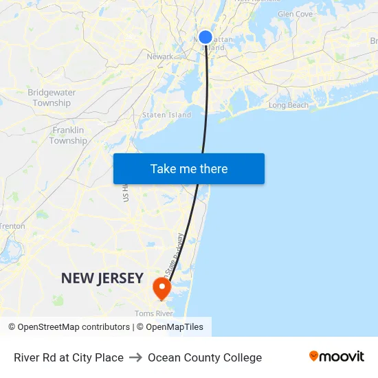 River Rd at City Place to Ocean County College map