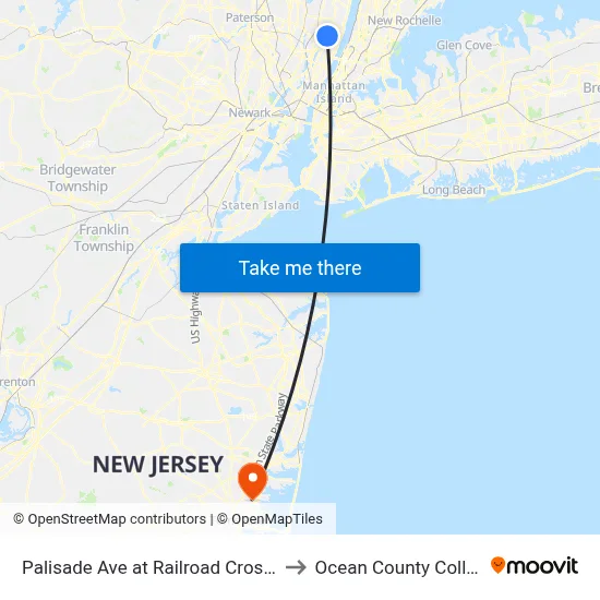 Palisade Ave at Railroad Crossing to Ocean County College map