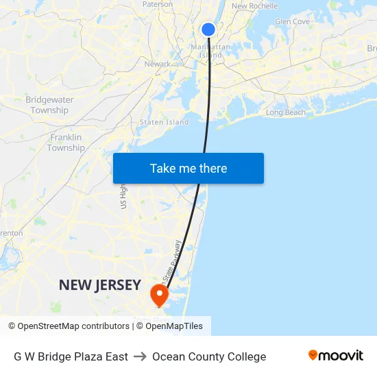 G W Bridge Plaza East to Ocean County College map