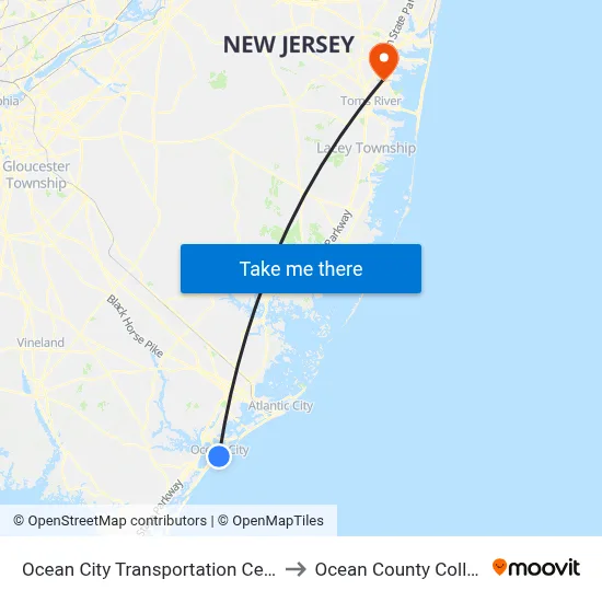 Ocean City Transportation Center to Ocean County College map
