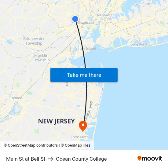Main St at Bell St to Ocean County College map