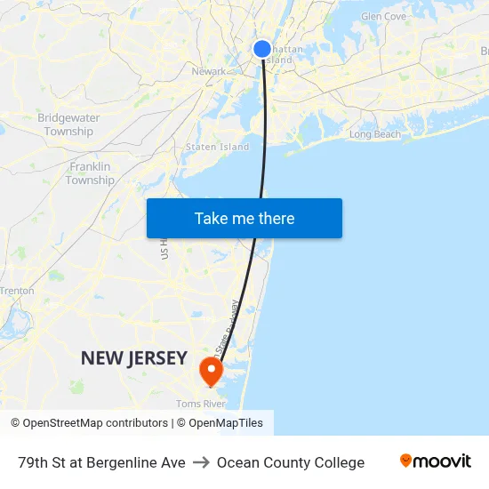 79th St at Bergenline Ave to Ocean County College map