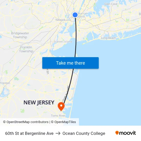 60th St at Bergenline Ave to Ocean County College map