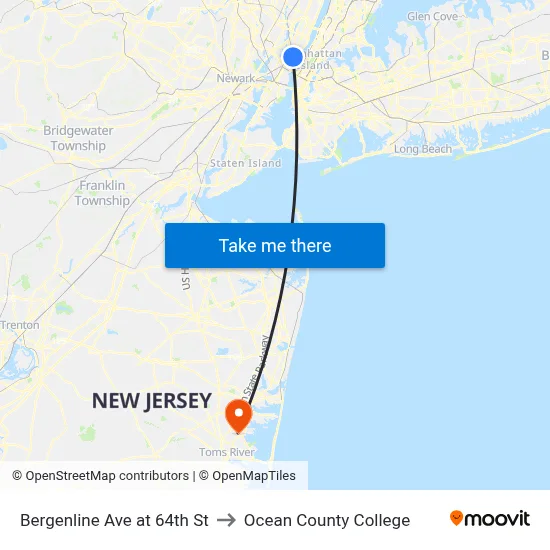Bergenline Ave at 64th St to Ocean County College map