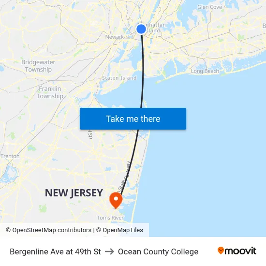 Bergenline Ave at 49th St to Ocean County College map
