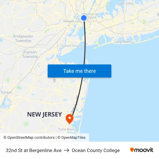 32nd St at Bergenline Ave to Ocean County College map