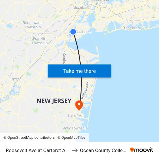 Roosevelt Ave at Carteret Ave to Ocean County College map