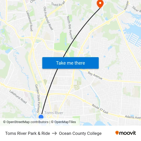 Toms River Park & Ride to Ocean County College map
