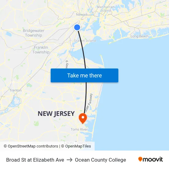 Broad St at Elizabeth Ave to Ocean County College map