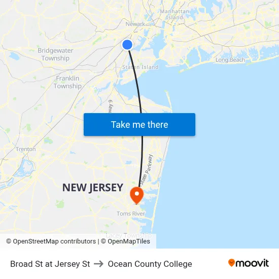 Broad St at Jersey St to Ocean County College map