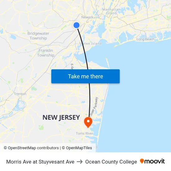 Morris Ave at Stuyvesant Ave to Ocean County College map