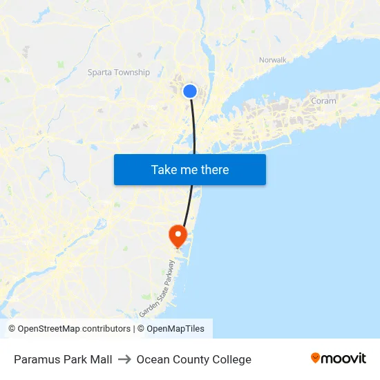 Paramus Park Mall to Ocean County College map