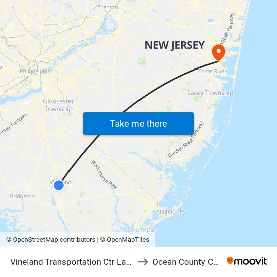 Vineland Transportation Ctr-Landis Ave to Ocean County College map