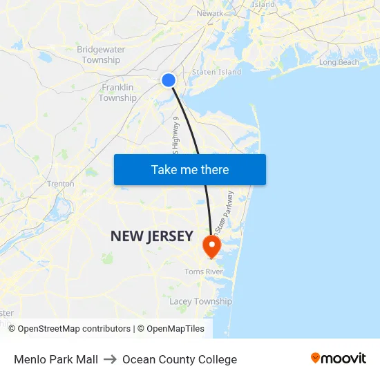 Menlo Park Mall to Ocean County College map