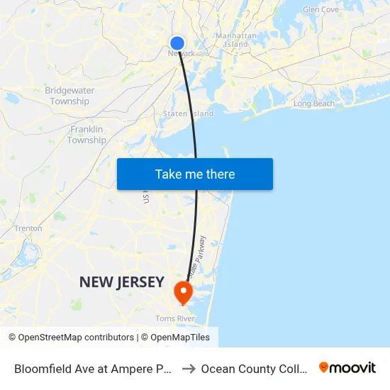 Bloomfield Ave at Ampere Pkwy to Ocean County College map