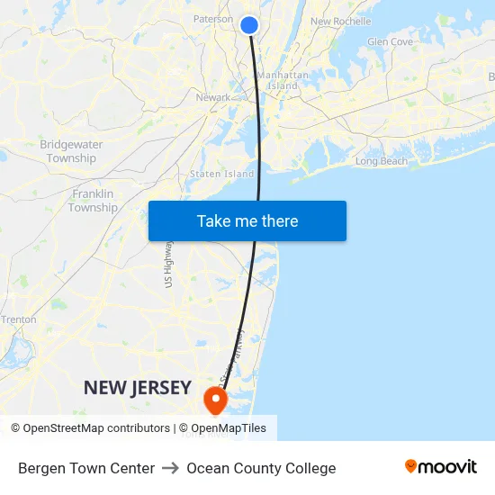 Bergen Town Center to Ocean County College map