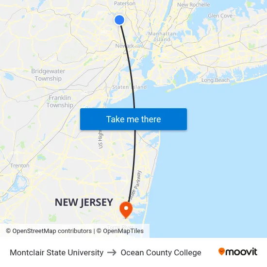 Montclair State University to Ocean County College map