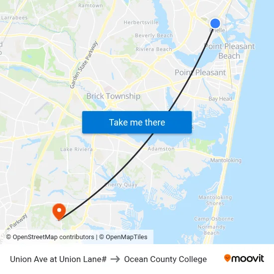 Union Ave at Union Lane# to Ocean County College map