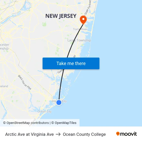 Arctic Ave at Virginia Ave to Ocean County College map