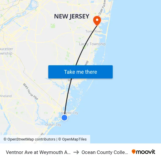 Ventnor Ave at Weymouth Ave to Ocean County College map