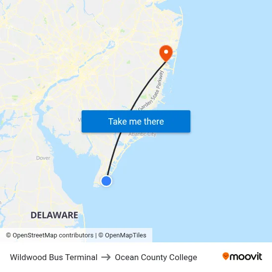 Wildwood Bus Terminal to Ocean County College map
