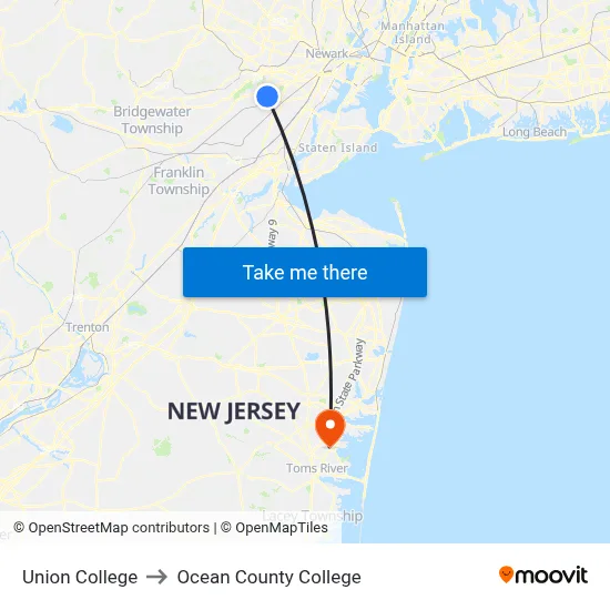 Union College to Ocean County College map