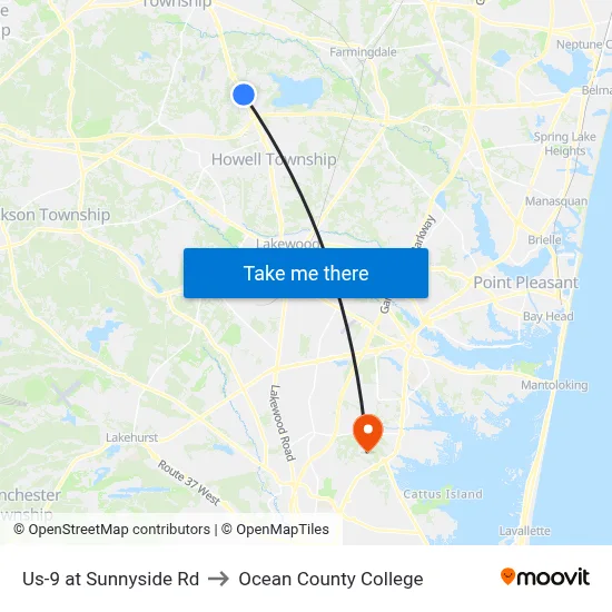 Us-9 at Sunnyside Rd to Ocean County College map