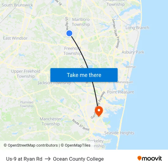Us-9 at Ryan Rd to Ocean County College map