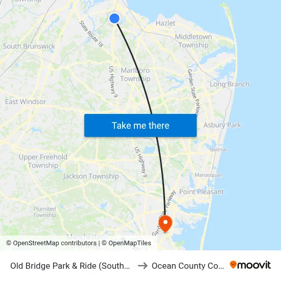 Old Bridge Park & Ride (Southbound) to Ocean County College map