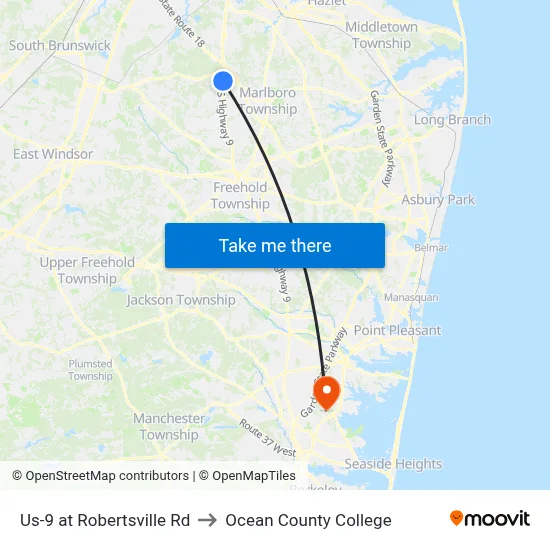 Us-9 at Robertsville Rd to Ocean County College map