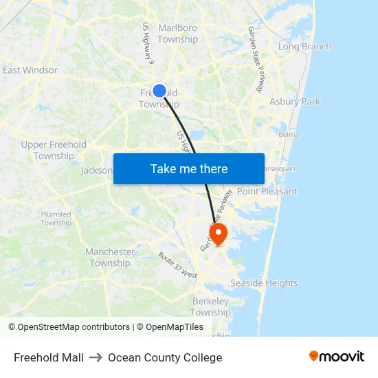 Freehold Mall to Ocean County College map