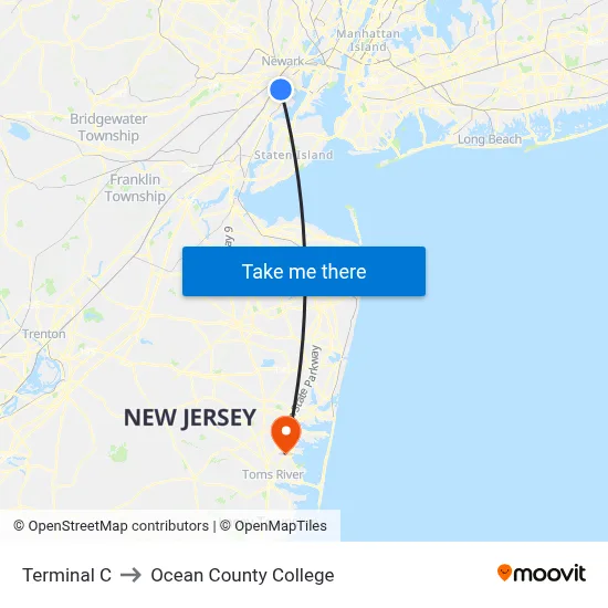 Terminal C to Ocean County College map