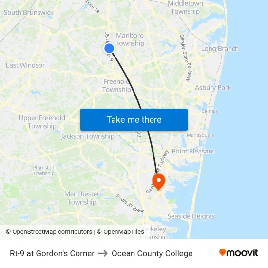 Rt-9 at Gordon's Corner to Ocean County College map