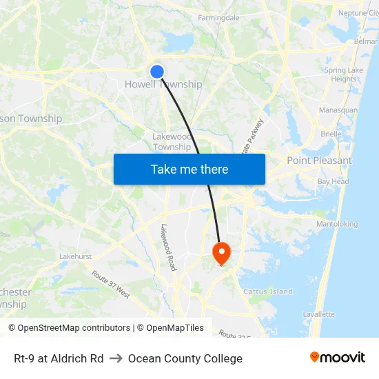 Rt-9 at Aldrich Rd to Ocean County College map