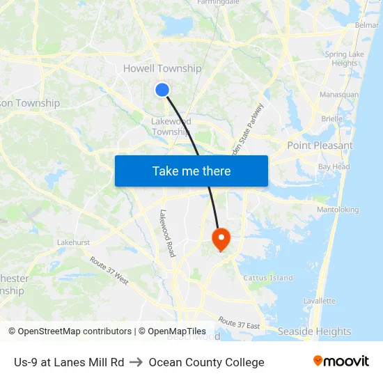 Us-9 at Lanes Mill Rd to Ocean County College map