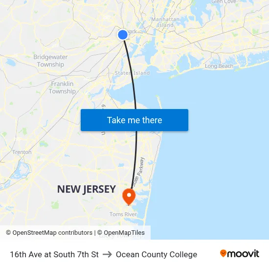 16th Ave at South 7th St to Ocean County College map