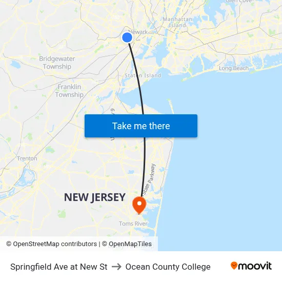 Springfield Ave at New St to Ocean County College map