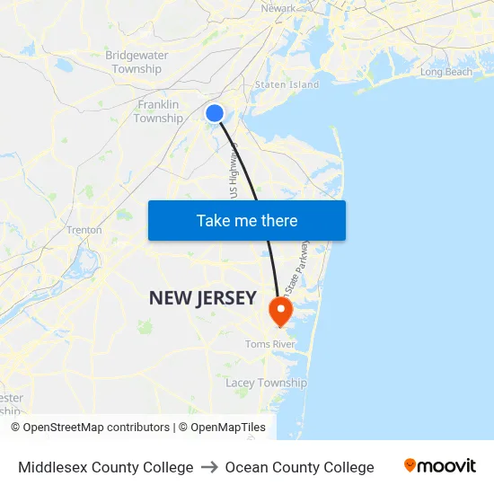 Middlesex County College to Ocean County College map